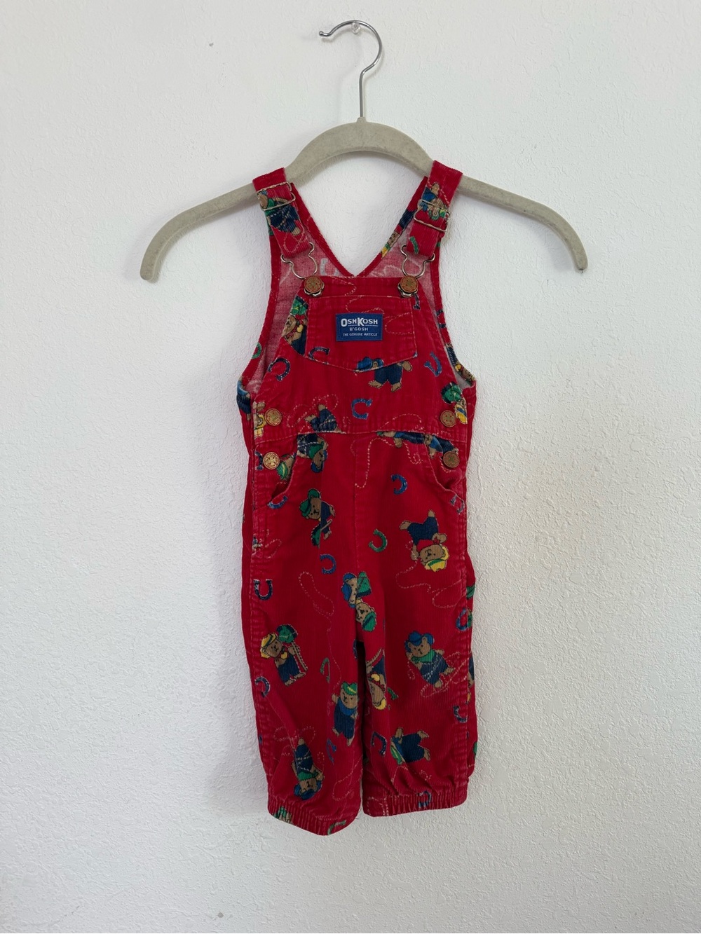 OshKosh B'gosh Vintage Red Corduroy Overalls Cowboy Bear Print Made in USA 12M